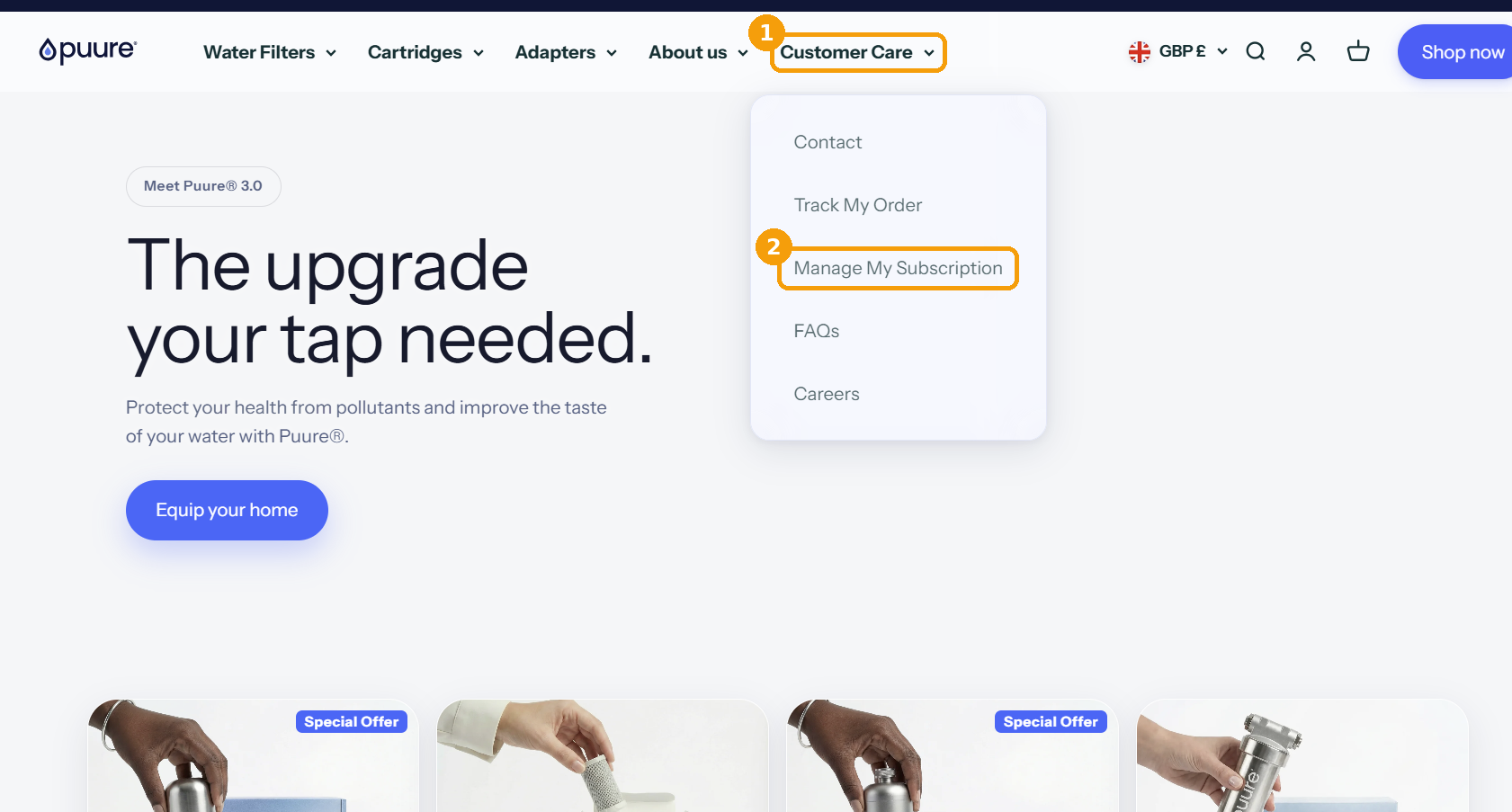 Customer Care menu with Manage My Subscription highlighted